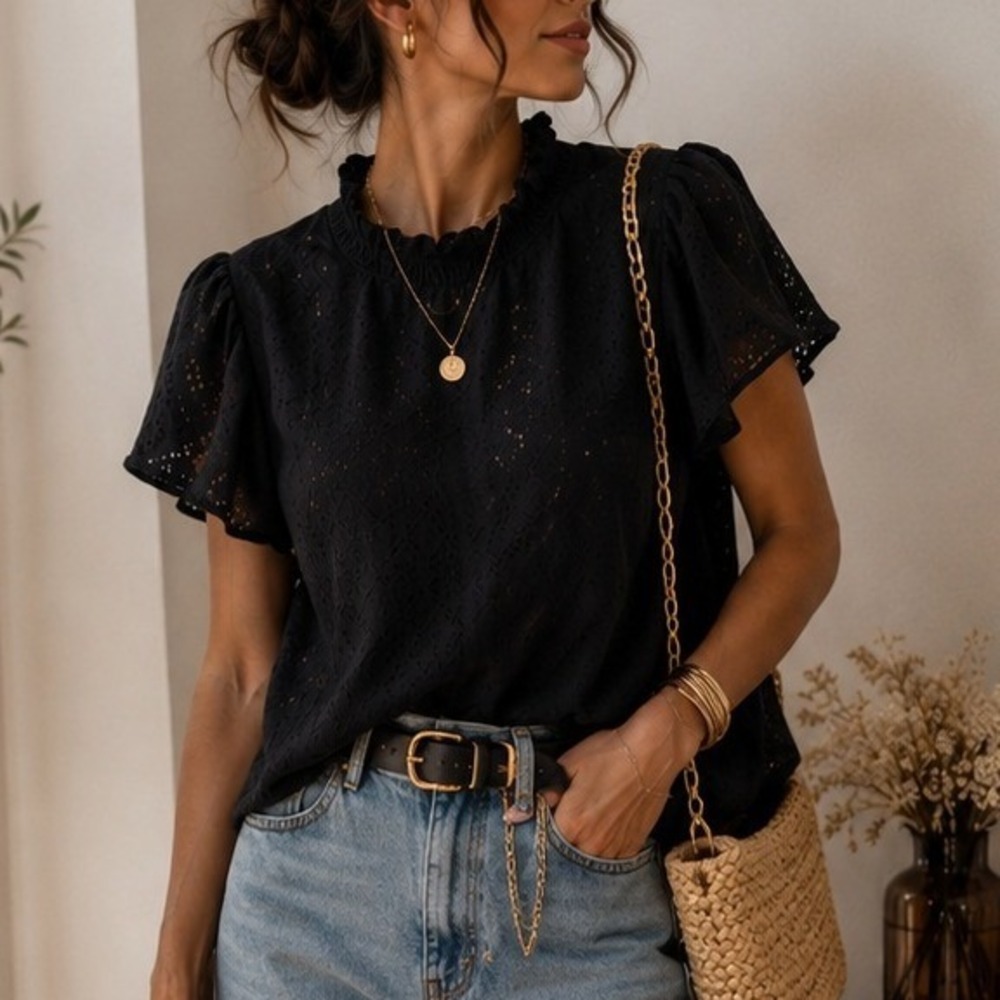 W5 Womens Black Eyelet High Ruffle Neck Flutter Sleeve Blouse Top Size M